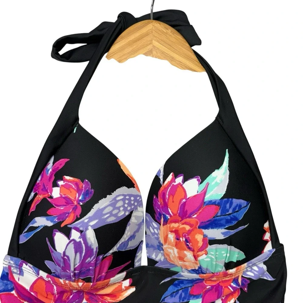 St Johns Bay Women's Swimsuit 12 Black Floral Halter Slimming One Piece
